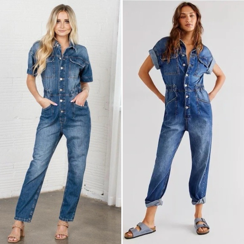 FREE PEOPLE We The Free Marci Jumpsuit Boiler Suit Denim Coverall Sz Medium Boho